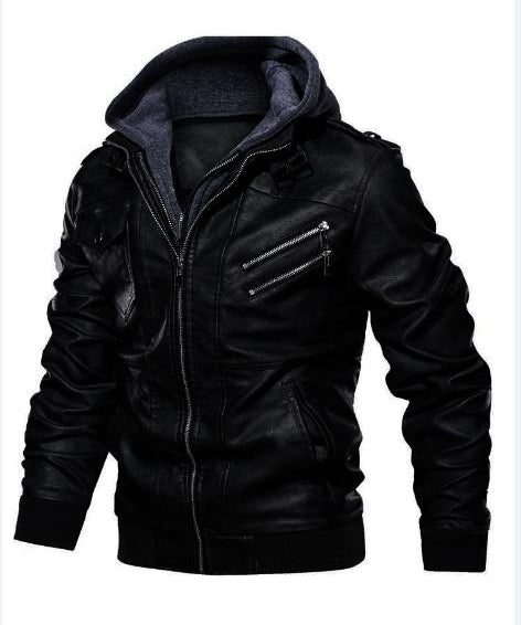 Men Black Leather Fashion Jacket with Hoodie, Bomber Style hooded Jacket