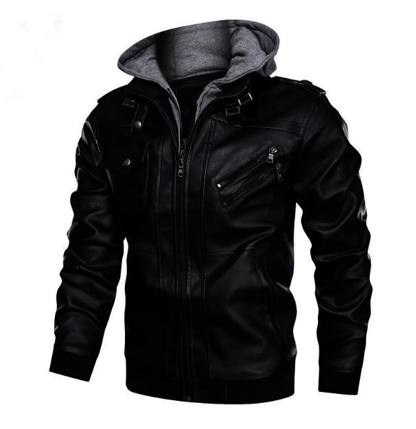 Men Black Leather Fashion Jacket with Hoodie, Bomber Style hooded Jacket