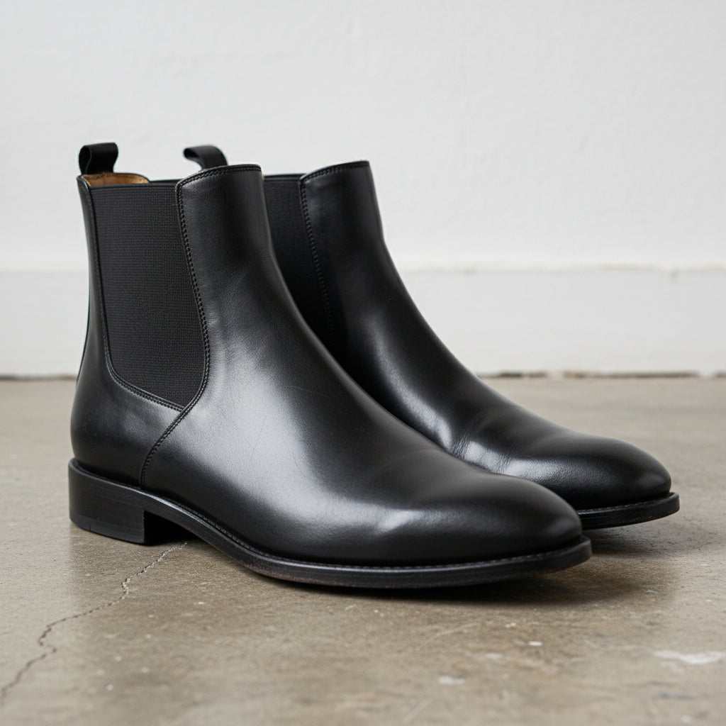 Men Black Leather Handmade Chelsea Boots, Formal Leather Ankle Boots - detail-view-showing-texture