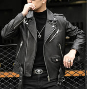 Men Black multi pocktes biker leather jacket, Black motorcycle jacket