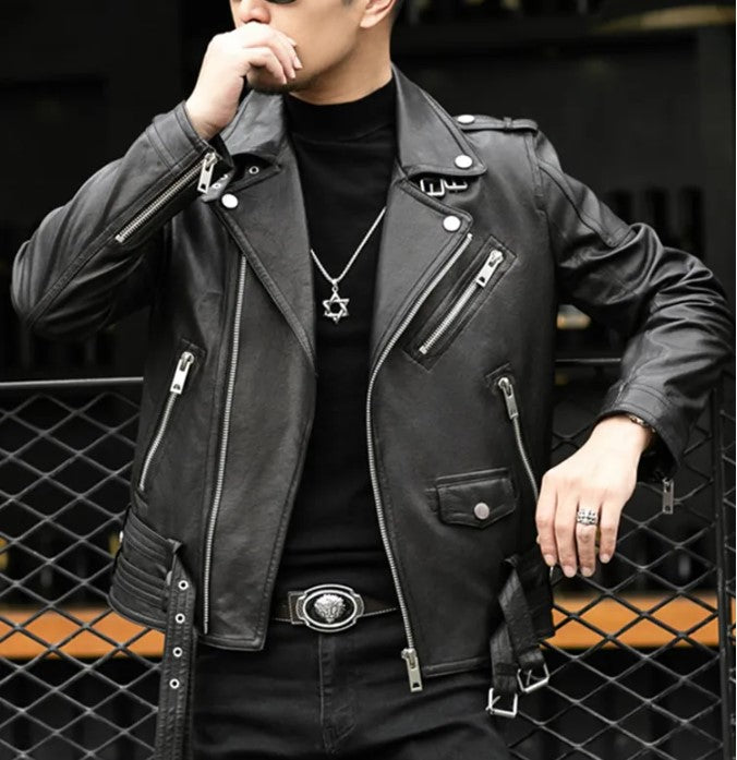 Men Black multi pocktes biker leather jacket, Black motorcycle jacket