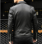 Men Black multi pocktes biker leather jacket, Black motorcycle jacket