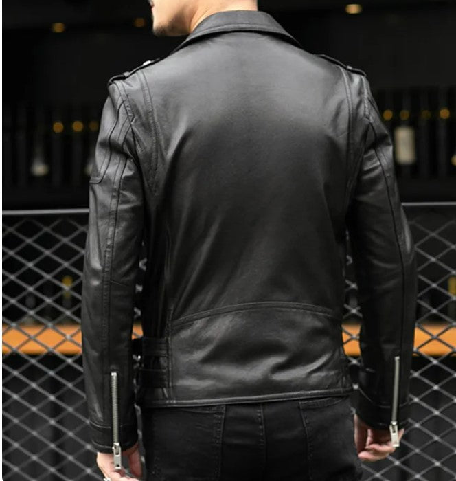 Men Black multi pocktes biker leather jacket, Black motorcycle jacket