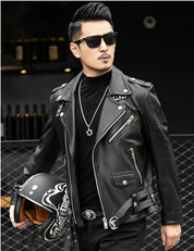 Men Black multi pocktes biker leather jacket, Black motorcycle jacket