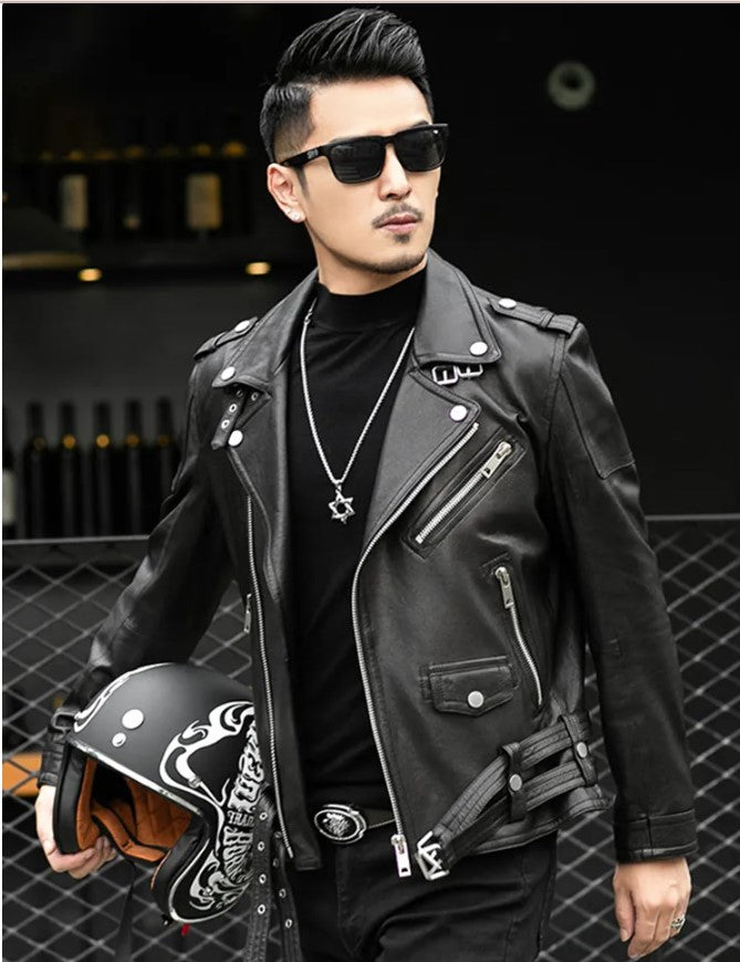 Men Black multi pocktes biker leather jacket, Black motorcycle jacket