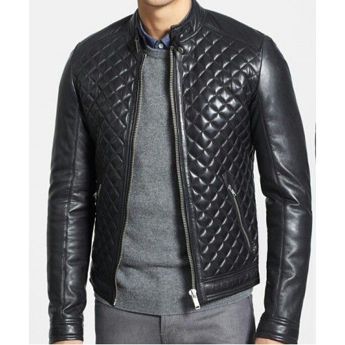 Men Black Quilted Leather Biker Jacket, Stand Up Collar Rider Jacket