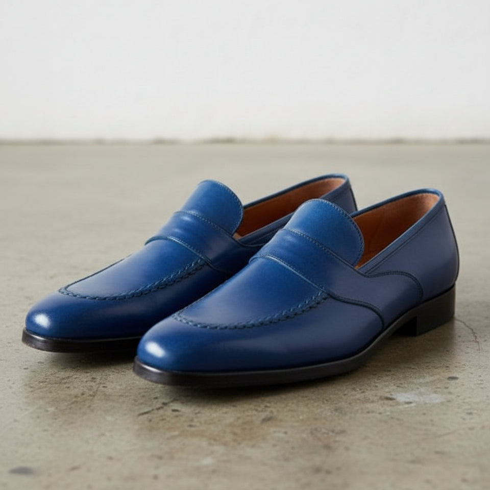 Men Blue Color Leather Shoes, Blue Formal Shoes, Leather Moccasins