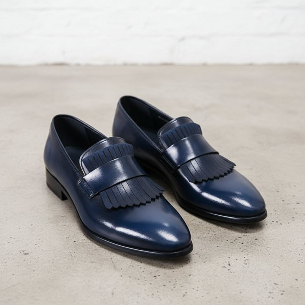 Men Blue Leather Moccasin Shoes with fringes, Blue Loafer Shoes - angle-view-showing-depth
