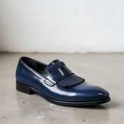 Men Blue Leather Moccasin Shoes with fringes, Blue Loafer Shoes - detail-view-showing-texture