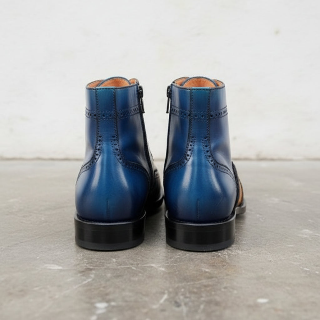 Men Blue Wing Tip Brogue Round Toe Lace Up High Ankle Dress