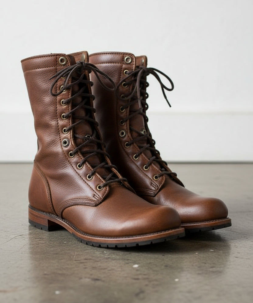 Men Brown Boots, Men Brown High Ankle Combat Boots, Men Boots - angle-view-showing-depth