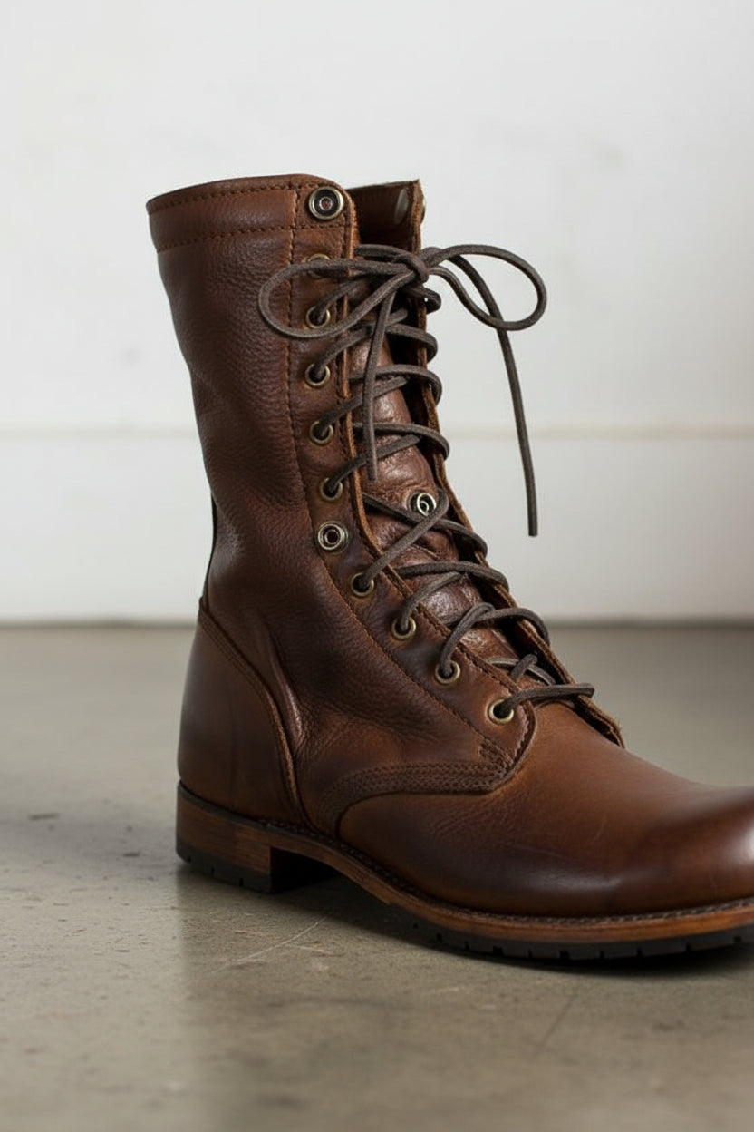 Men Brown Boots, Men Brown High Ankle Combat Boots, Men Boots - detail-view-showing-texture