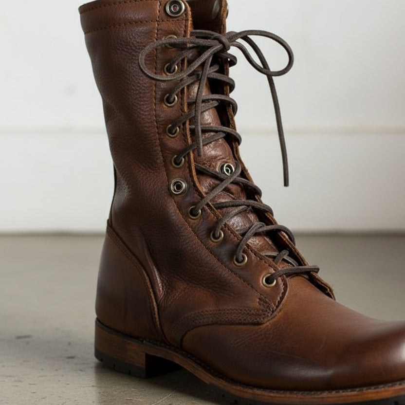 Men Brown Boots, Men Brown High Ankle Combat Boots, Men Boots - detail-view-showing-texture