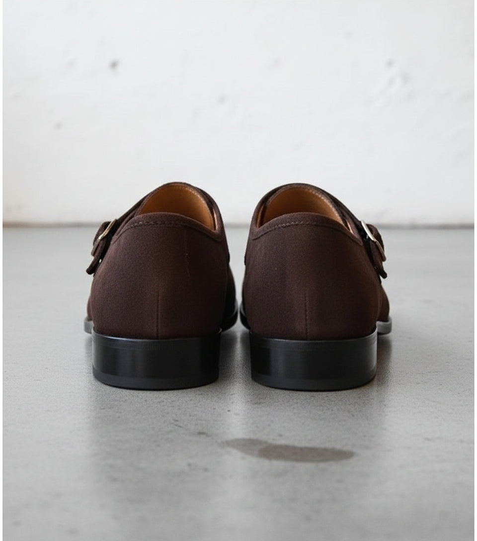 Men Brown Color Formal Double Monk Shoes, Classic Suede Dress Shoes - back-view