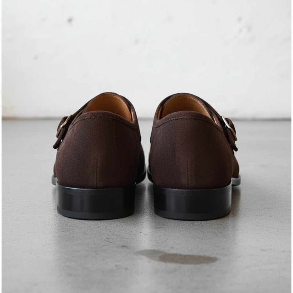 Men Brown Color Formal Double Monk Shoes, Classic Suede Dress Shoes - back-view