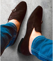 Men Brown Color Formal Double Monk Shoes, Classic Suede Dress Shoes