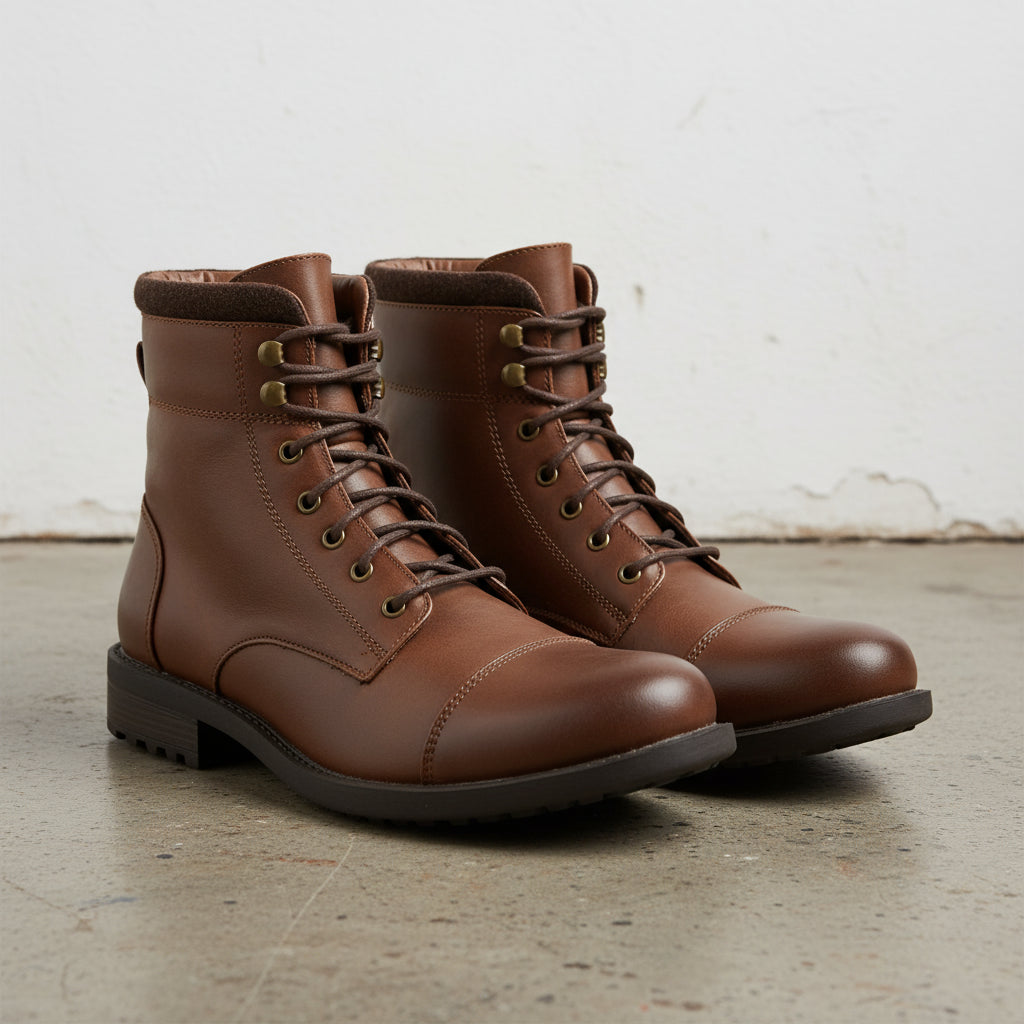 Men Brown Combat Boot, Cap Toe Boots, Handmade Leather Boot