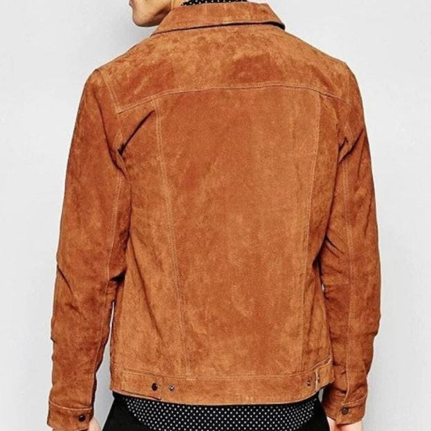 Men Brown Suede Leather Trucker Jacket, Real Brown Suede Leather Jacket