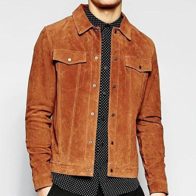 Men Brown Suede Leather Trucker Jacket, Real Brown Suede Leather Jacket