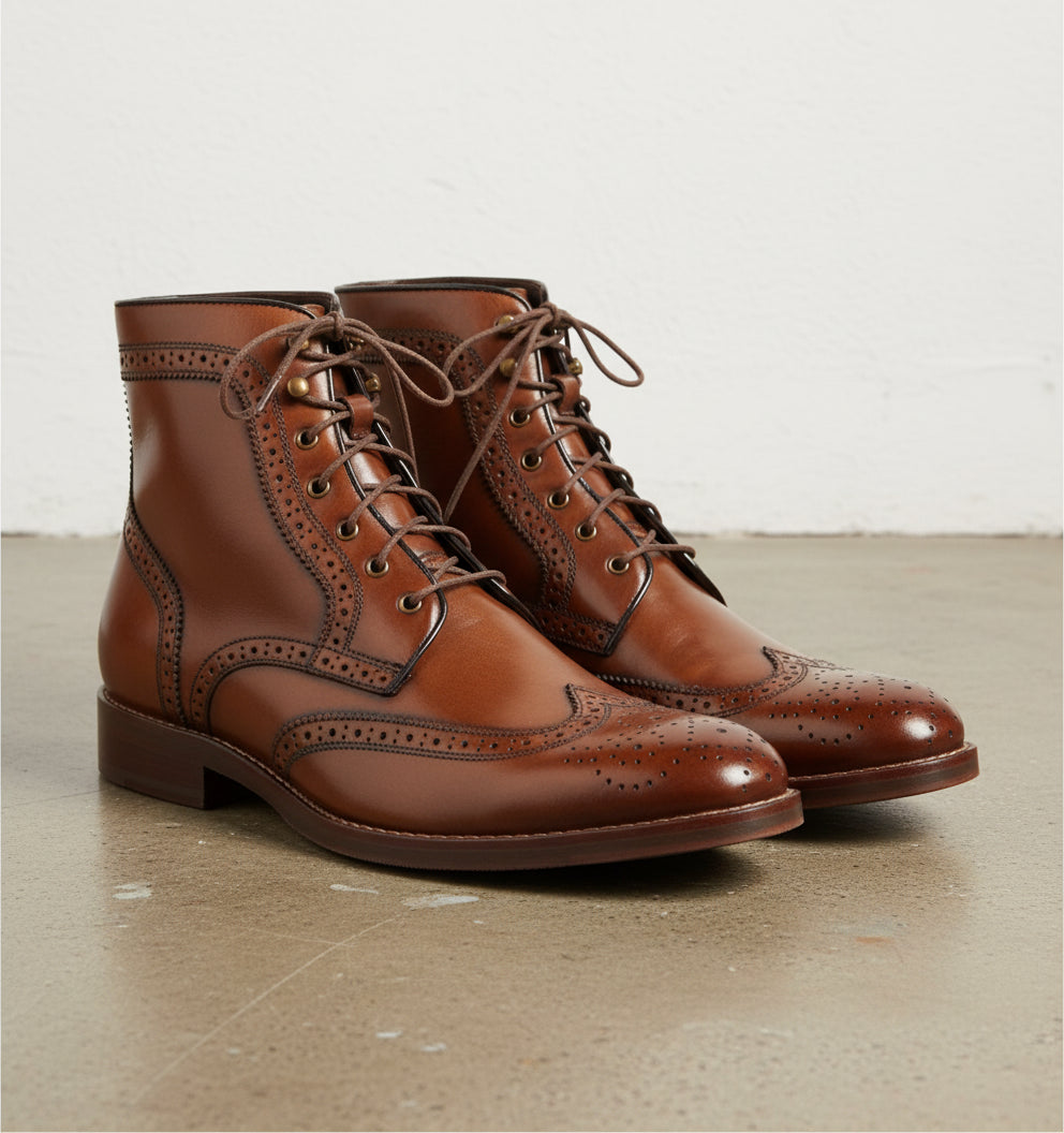 Men Brown Wingtip Brogue Lace Up Boots, Ankle Leather Boot, Mens Boots - angle-view-showing-depth