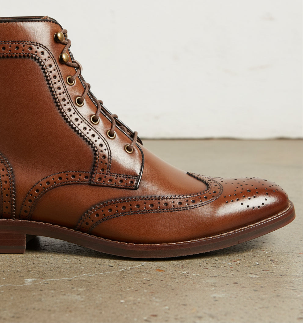 Men Brown Wingtip Brogue Lace Up Boots, Ankle Leather Boot, Mens Boots - detail-view-showing-texture