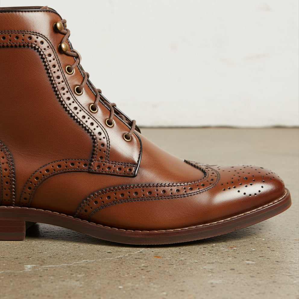 Men Brown Wingtip Brogue Lace Up Boots, Ankle Leather Boot, Mens Boots - detail-view-showing-texture