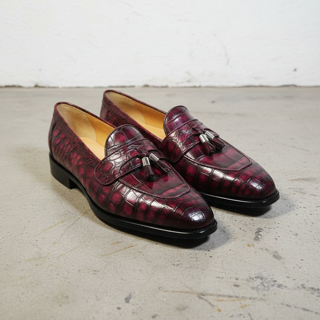 Men Burgundy Alligators Shoes, Men Burgundy Crocodile Textured Loafer - angle-view-showing-depth