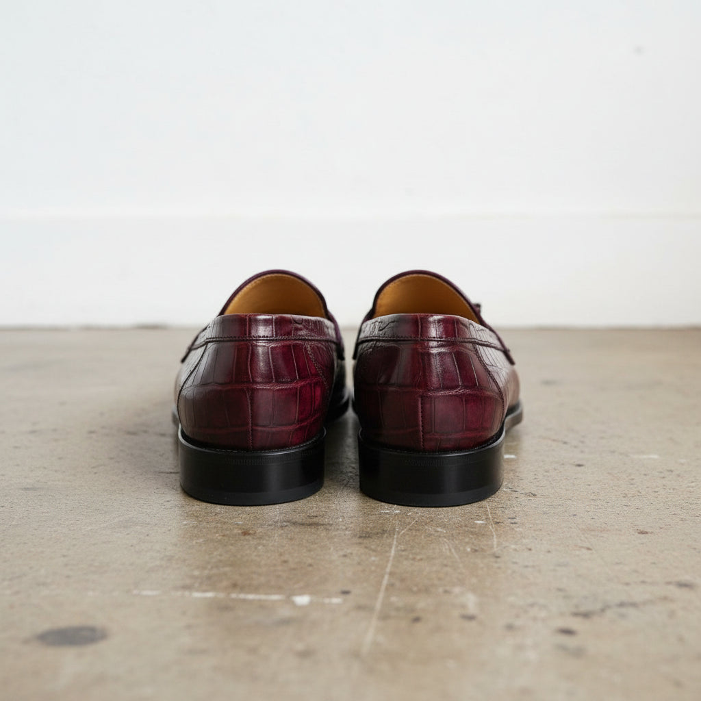 Men Burgundy Alligators Shoes, Men Burgundy Crocodile Textured Loafer - back-view