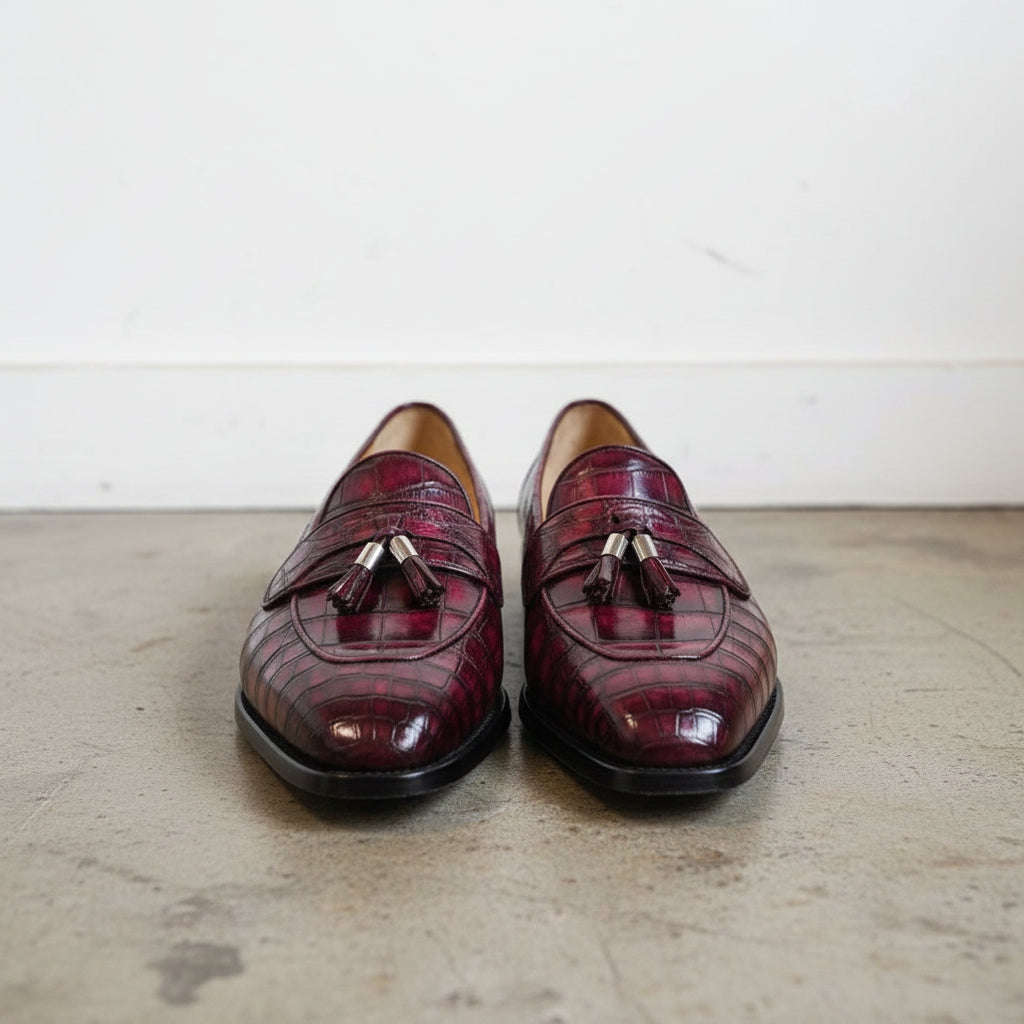 Men Burgundy Alligators Shoes, Men Burgundy Crocodile Textured Loafer - front-view