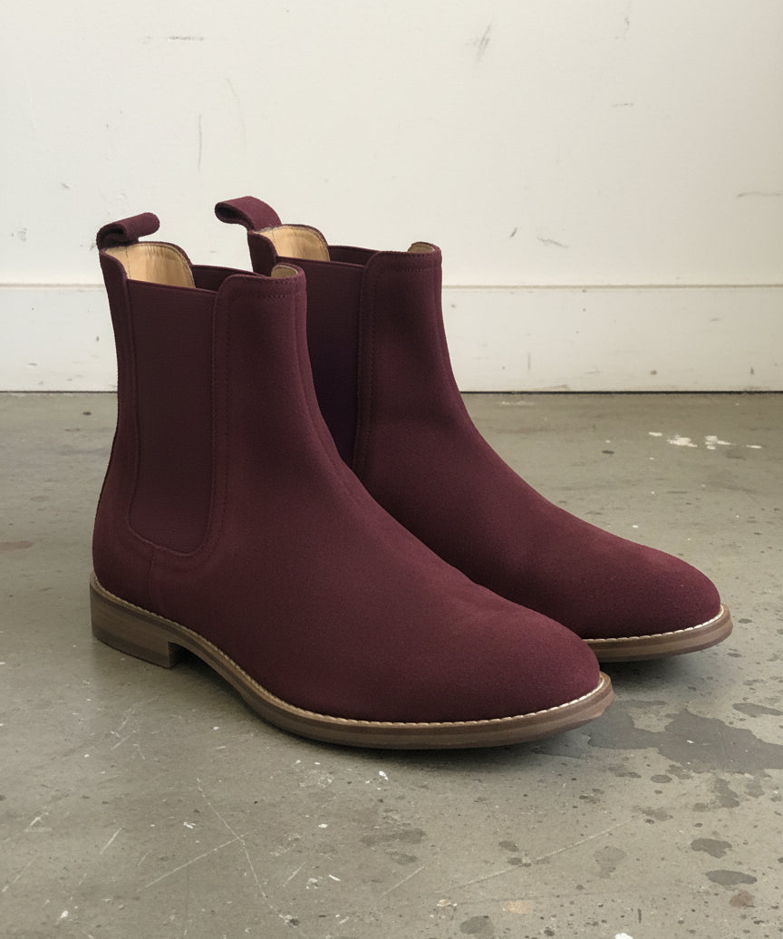 Men Burgundy Color Suede Chelsea Boots Classic Suede Casual Ankle Boots - angle-view-showing-depth