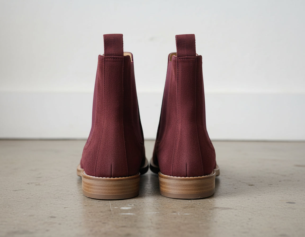 Men Burgundy Color Suede Chelsea Boots Classic Suede Casual Ankle Boots - back-view