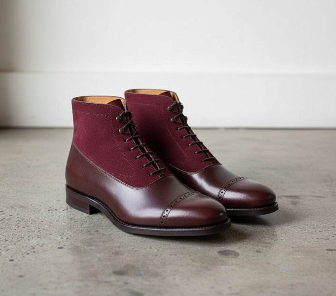 Men Cap Toe Two Tone Leather Ankle High Boots, Burgundy Ankle Boots - angle-view-showing-depth
