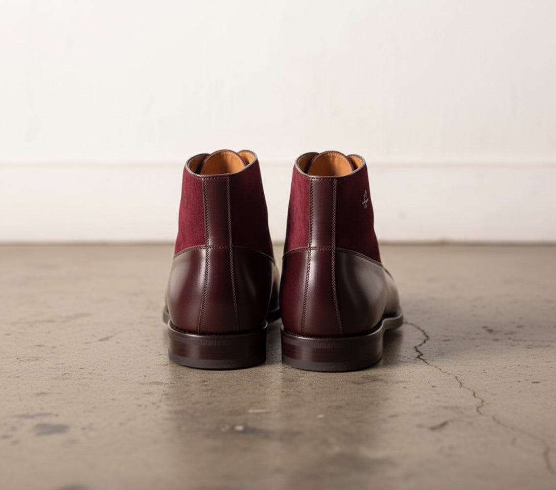 Men Cap Toe Two Tone Leather Ankle High Boots, Burgundy Ankle Boots - back-view