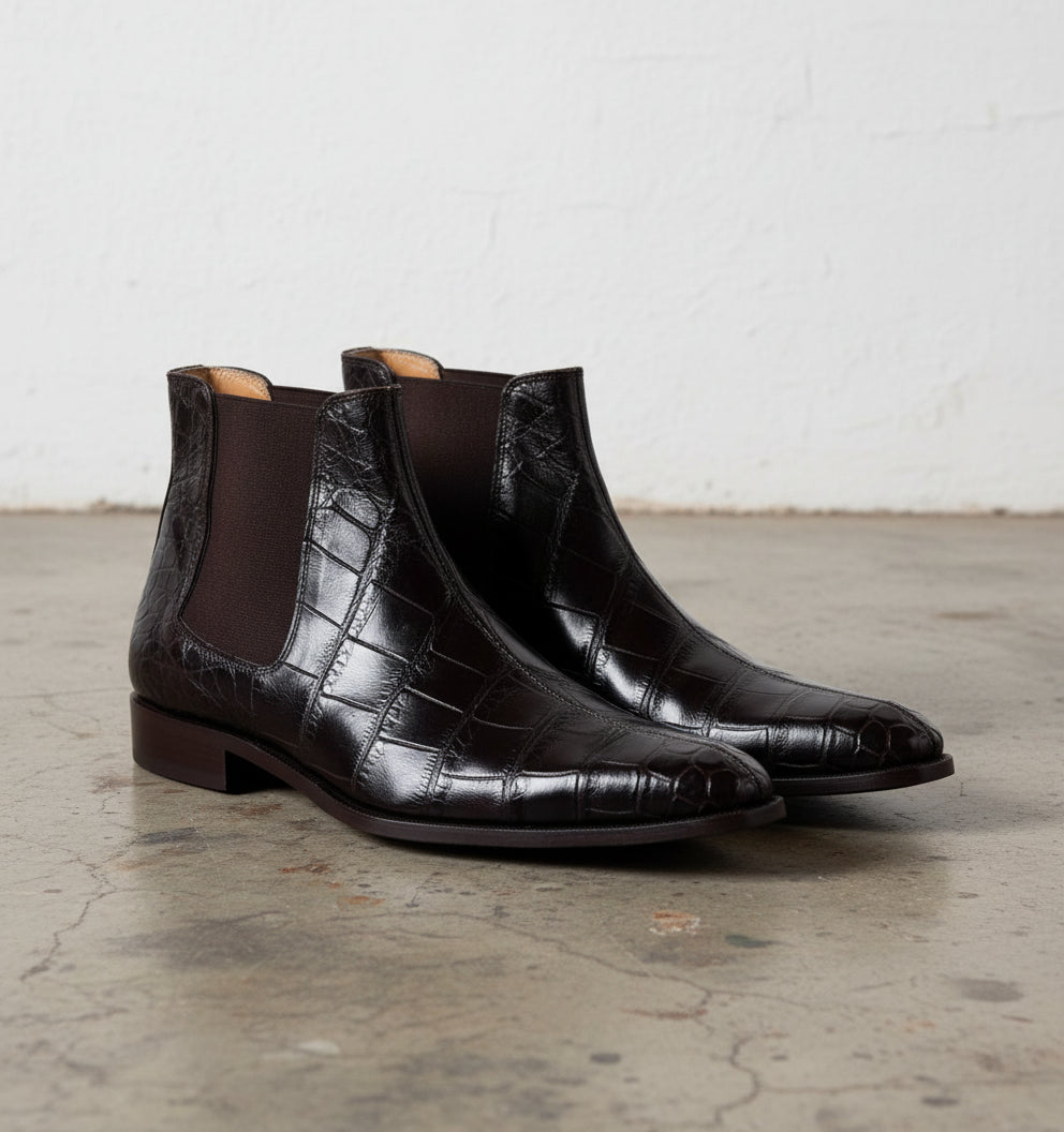 Men Crocodile Boots, Dark Brown Crocodile Texture Boots, Mens Boot