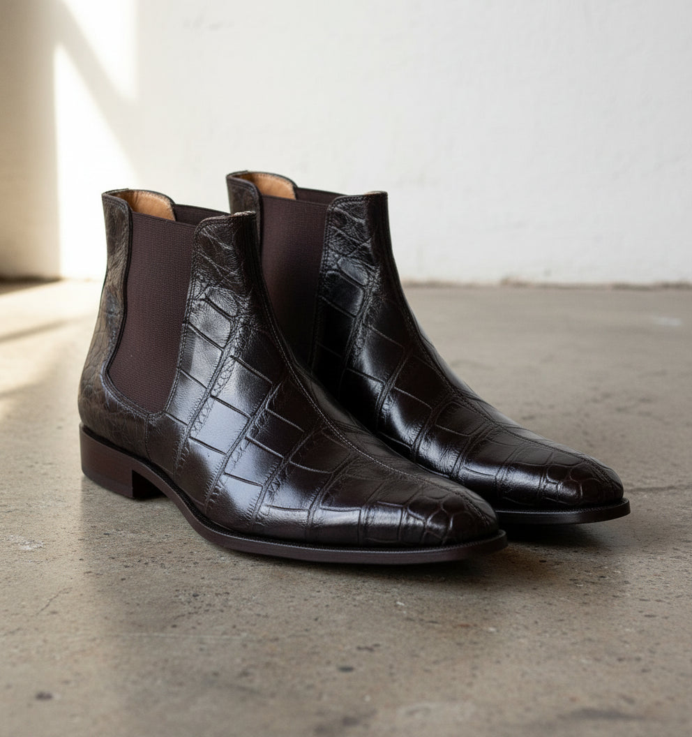 Men Crocodile Boots, Dark Brown Crocodile Texture Boots, Mens Boot