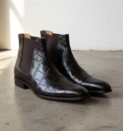 Men Crocodile Boots, Dark Brown Crocodile Texture Boots, Mens Boot