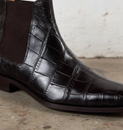 Men Crocodile Boots, Dark Brown Crocodile Texture Boots, Mens Boot