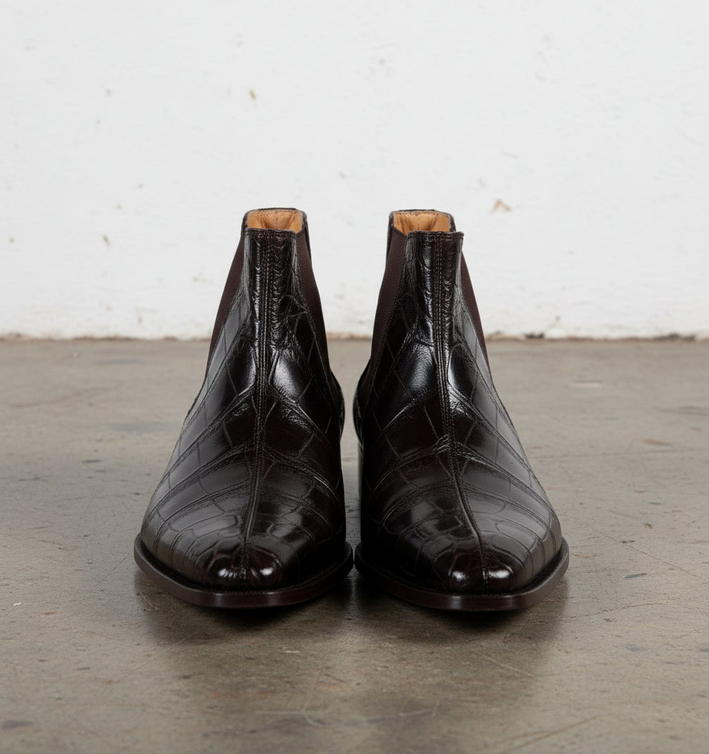Men Crocodile Boots, Dark Brown Crocodile Texture Boots, Mens Boot