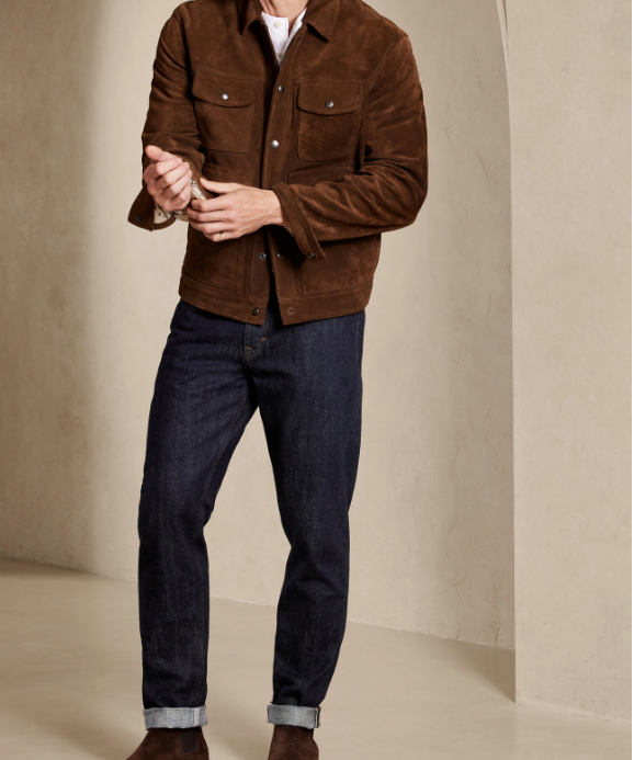 Men dark brown suede trucker jacket, Brown trucker suede jacket