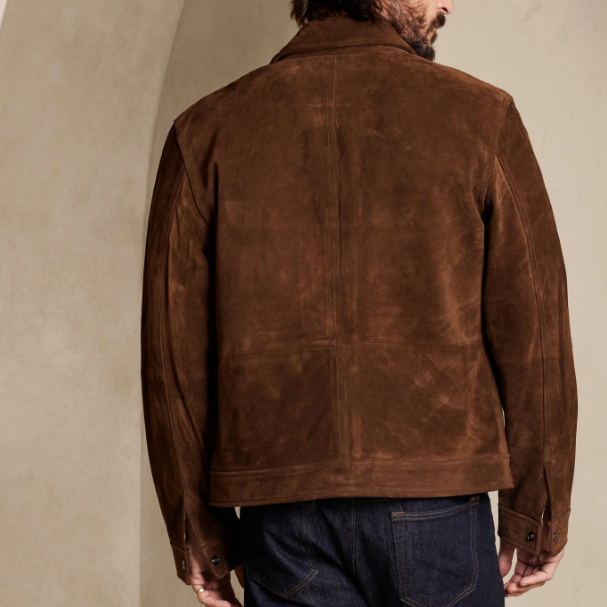 Men dark brown suede trucker jacket, Brown trucker suede jacket