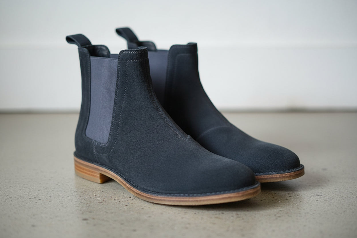 Men Dark Gray Suede Chelsea Boots, Gray Suede Casual Ankle Boots - angle-view-showing-depth