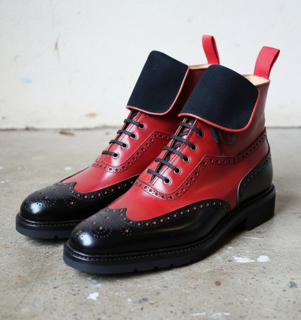 mens designer dress boots Men's Red and Black Wingtip Leather Ankle Boots - Banks US 7.5 / D