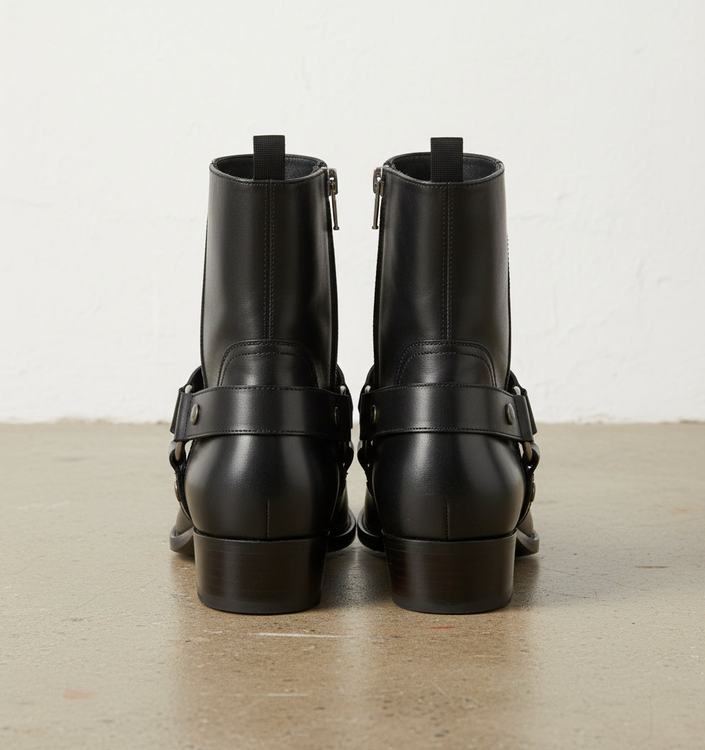 Men Fashion High Ankle Side Zipper Black Boot, Men Genuine Leather Boot - back-view