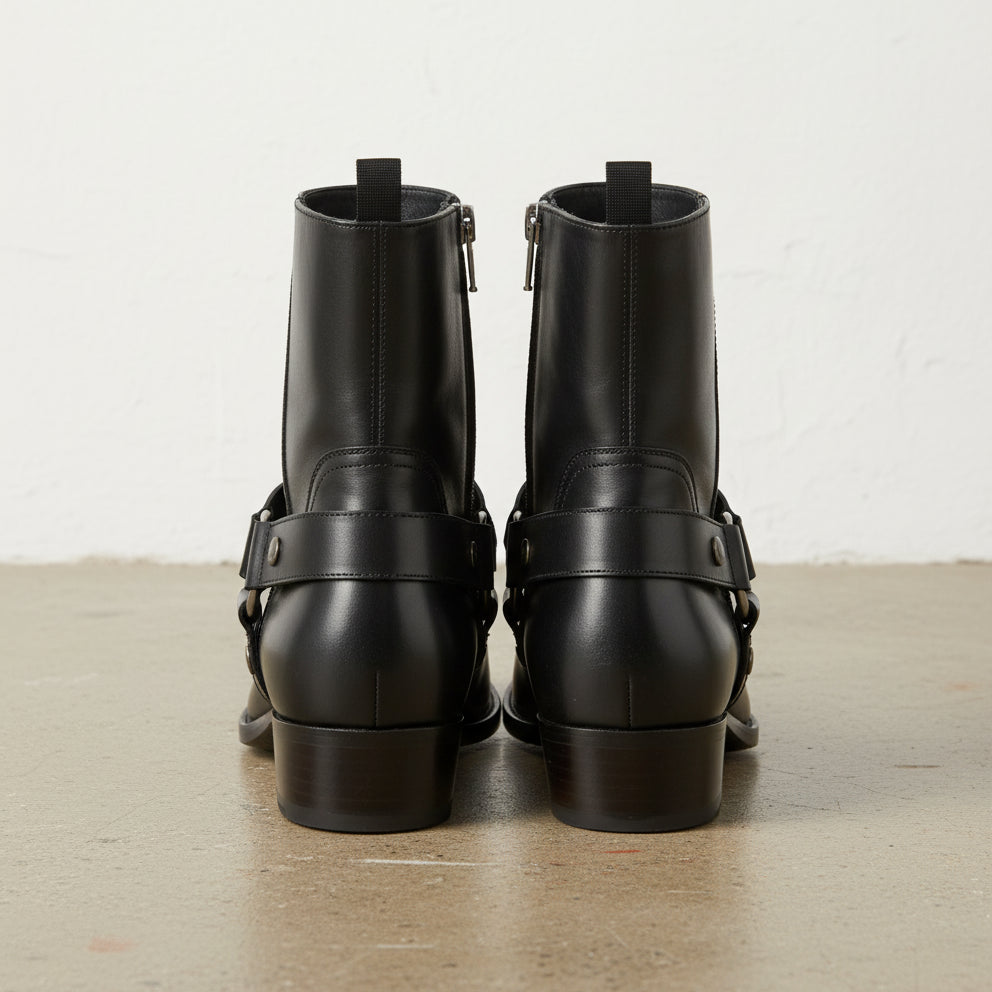 Men Fashion High Ankle Side Zipper Black Boot, Men Genuine Leather Boot - back-view