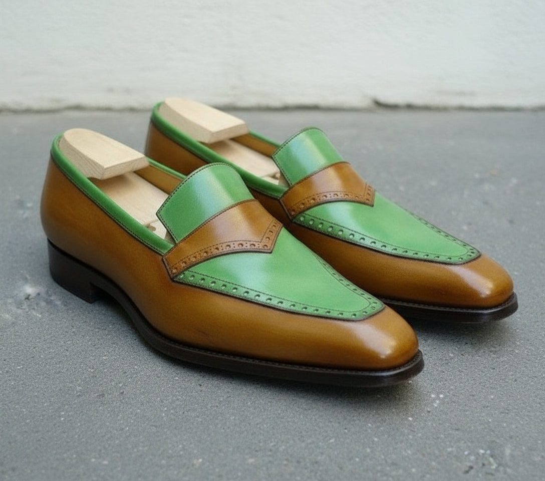 Men Fashion Style Two Tone Shoes, Green Color And Brown Moccasins