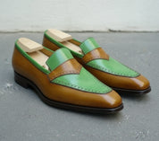 Men Fashion Style Two Tone Shoes, Green Color And Brown Moccasins