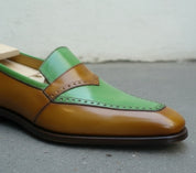 Men Fashion Style Two Tone Shoes, Green Color And Brown Moccasins