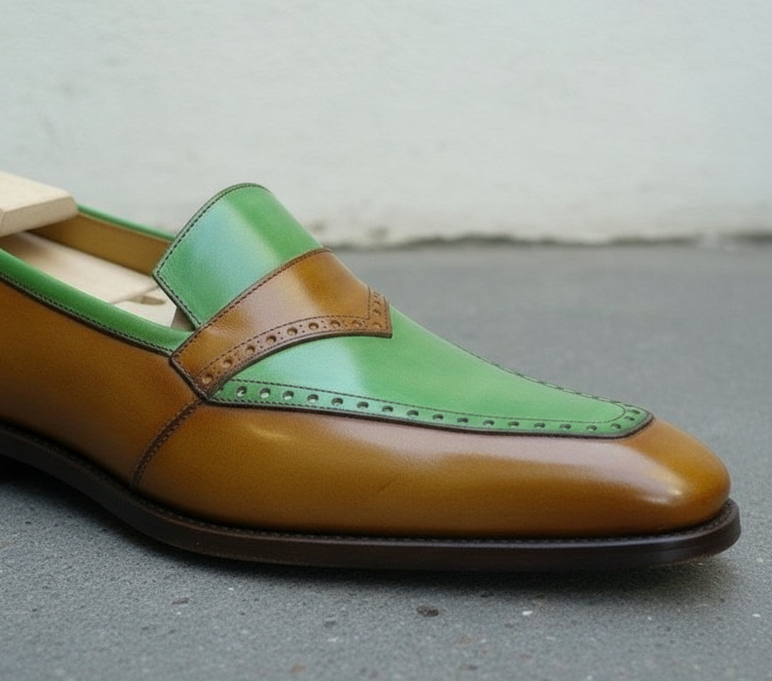 Men Fashion Style Two Tone Shoes, Green Color And Brown Moccasins