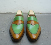 Men Fashion Style Two Tone Shoes, Green Color And Brown Moccasins