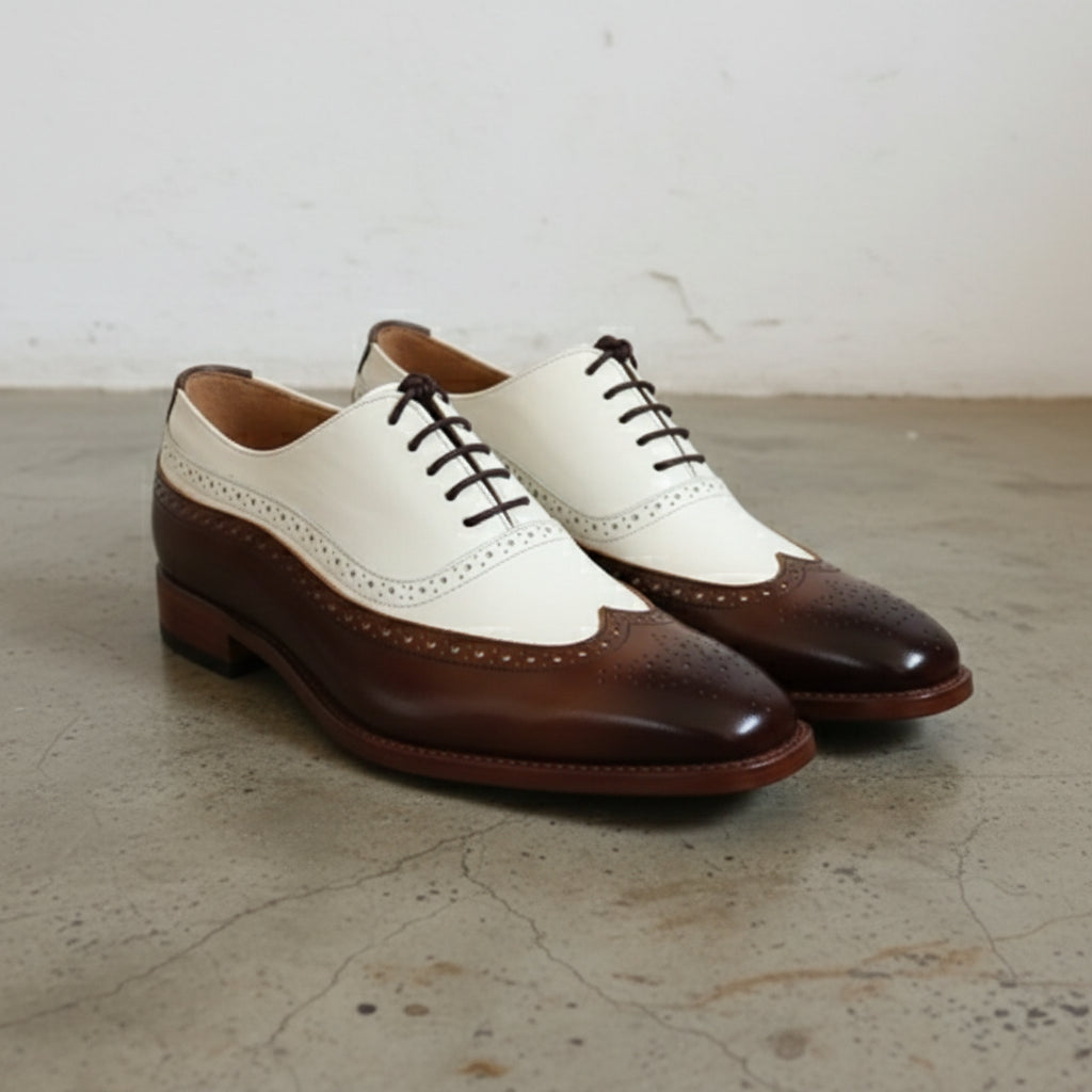 Men Formal Leather Two Tone Shoes, Brown And White Wingtip Spectator Shoes - angle-view-showing-depth
